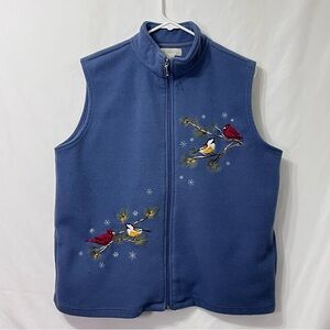 Tradition Woman’s Large Blue Boho Fleece Vest with Winter Bird Embroidery